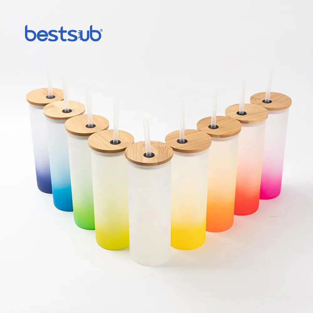 Bestsub toptan sublime boşlukları renk borosilikat cam buzlu degrade içme suyu bardağı Tumbler kapaklı bambu kapaklı kupa