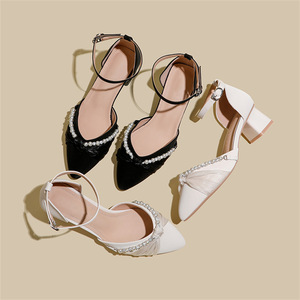 Escarpins noirs à bout pointu avec décorations perlées, talon épais, chaussures habillées pour femmes, élégantes avec bride à boucle, style tendance - Product Image 5
