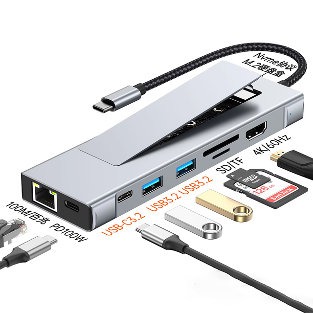 High Quality 9 Port Usb c Hubs with Hdtv+2*usb3.2+1* Usb c 3.2+pd 100w+rj45 100M and Docking Station 9 in 1 Dock Dual Usb c Hub