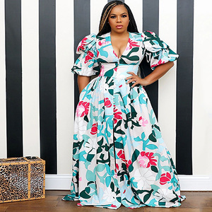 Women V Neck Puff Short Sleeve Maxi <b>Dress</b> All Over Print Front Button Swing <b>Long</b> <b>Beach</b> <b>Dress</b> - Product Image 6