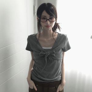 Ins Style Korean Black Grey Stripe Colorblock Tank <b>Top</b> Two Piece Set Short Sleeve Layered Look <b>Top</b> Basic Casual Versatile Blouse - Product Image 2