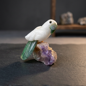 Sculpture de perroquet en zoïsite rubis/calcite blanche/chrysoprase/améthyste BJ2617 - Product Image 3
