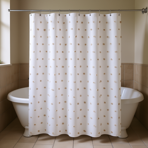 Rideau de douche en tissu, design minimaliste, lavable en machine, impression numérique, blanc avec motif de points beiges, pour salle de bain - Product Image 2