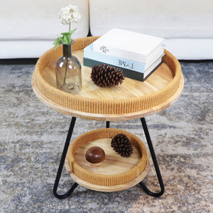 Rattan Coffee <b>Table</b> Round Double Tier Storage For Living Room Home Sofa Use Light <b>Brown</b> - Product Image 2