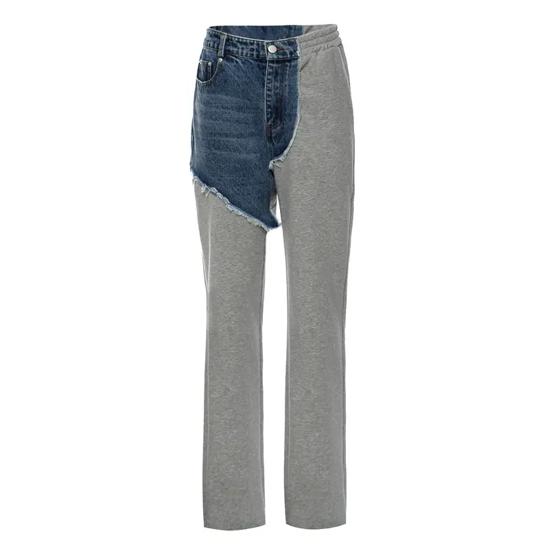 Уличная одежда, весенне-осенние модные спортивные брюки, джинсы в стиле пэчворк с эластичным поясом, повседневные спортивные свободные прямые женские брюки и брюки