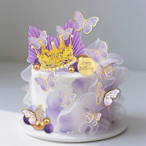 Décoration <span class=keywords><strong>de</strong></span> gâteau couronne dorée, ensemble éventail soleil et <span class=keywords><strong>ailes</strong></span> <span class=keywords><strong>de</strong></span> papillon lilas, lot <span class=keywords><strong>de</strong></span> décoration anniversaire mauve, fournisseur B2B fiable - Product Image 1