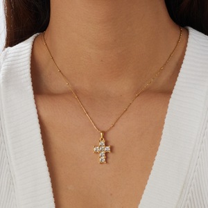 Cross Necklace Gold Plated Stainless Steel Prong Setting Diamond Pendant Clavicle Chain Daily Wear Gift - Product Image 2