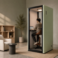 Cabine acoustique insonorisée moderne pour une personne avec porte en verre trempé et éclairage intégré pour bureau, télétravail et bibliothèque