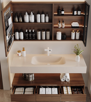 Ensemble de meuble de salle de bain moderne à double couche en dalle de roche, avec miroir LED intégré, résistant à l'eau, à fixation murale, pour lavage des mains