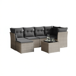 Grey Pe <b>Rattan</b> Garden <b>Sofa</b> Set With Tempered Glass And Powder Coated Steel Frame Outdoor Furniture 6 Seater Contemporary Design - Product Image 1