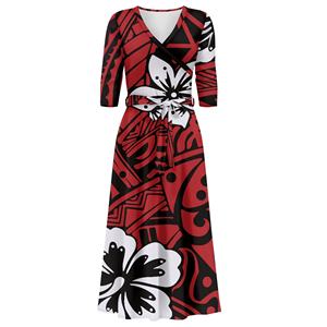 Abito da donna <span class=keywords><strong>rosso</strong></span> con stampa a fiori bianchi abiti taglie forti abito da <span class=keywords><strong>sera</strong></span> formale Puletasi hawaiana stile isola Maxi abito da <span class=keywords><strong>sera</strong></span> - Product Image 4