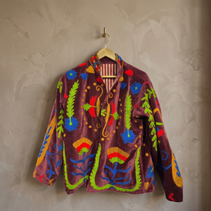 <b>Mandarin</b> <b>Collar</b> Velvet <b>Jacket</b> Full Sleeve Floral Hand Embroidery Autumn Women's Coat Prairie Chic Style Wholesale Suzani <b>Jackets</b> - Product Image 1