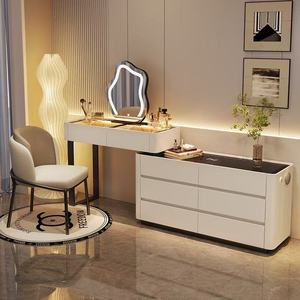 Coiffeuse en bois massif couleur crème avec commodes intégrées, bureau de maquillage, miroir LED en forme de nuage, durable et écologique - Product Image 1