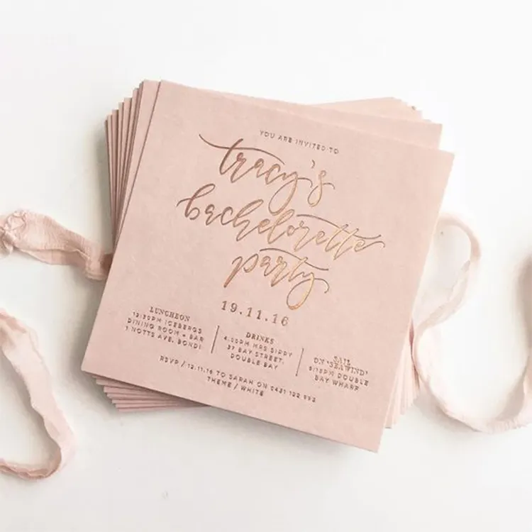 Tarjetas de agradecimiento personalizadas, bonito papel de aluminio de oro rosa con sobre de terciopelo, invitación de boda, venta al por mayor