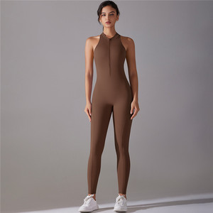 P872 Damen Langarm One Piece Jumps uit Übung Workout Reiß verschluss Gerippte Yoga Leggings Body Suit - Product Image 2