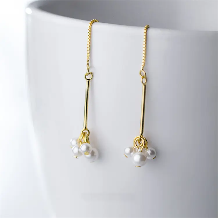 Unique style women S925 Silver 18k plated jewelry dangle long chain earring pearl gold earrings