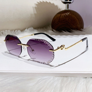 <b>Frameless</b> Beveled Sunglasses Green Lens Metal <b>Frame</b> UV400 Protection Unisex Outdoor Wear - Product Image 4