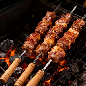 Das nóng bán BBQ nướng xiên thép không gỉ BBQ phẳng xiên với tay cầm bằng gỗ - Product Image 1