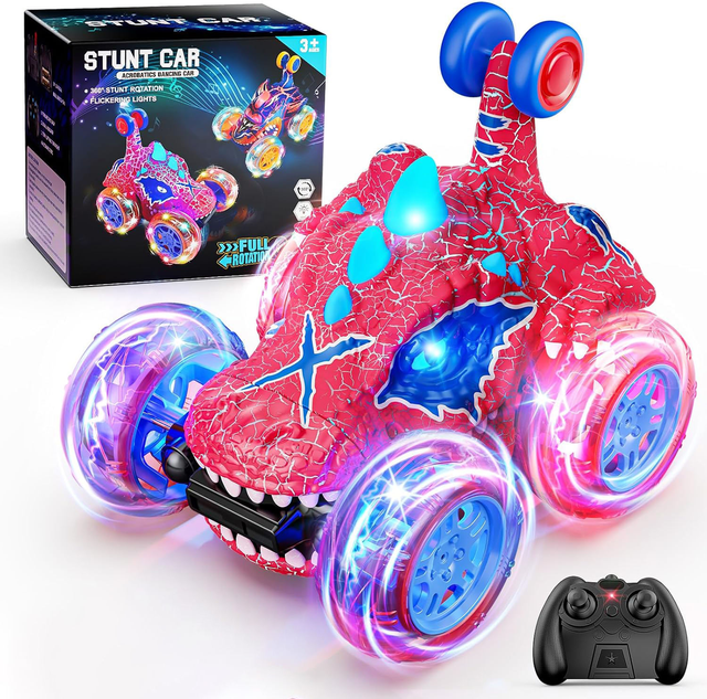 Mini 4-Channel Radio Control Car 360 Rotation Double Sided Stunt Features Electric Dinosaur Toy for Remote Controller USB Cable