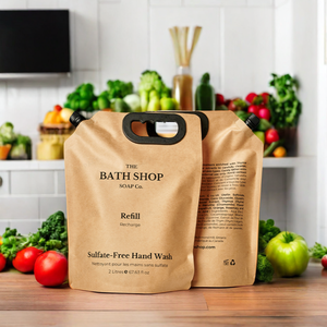 Sac liquide en plastique réutilisable et étanche de 1 litre avec poignée, pochette en papier kraft avec bec verseur, emballage en sachets refermables - Product Image 1