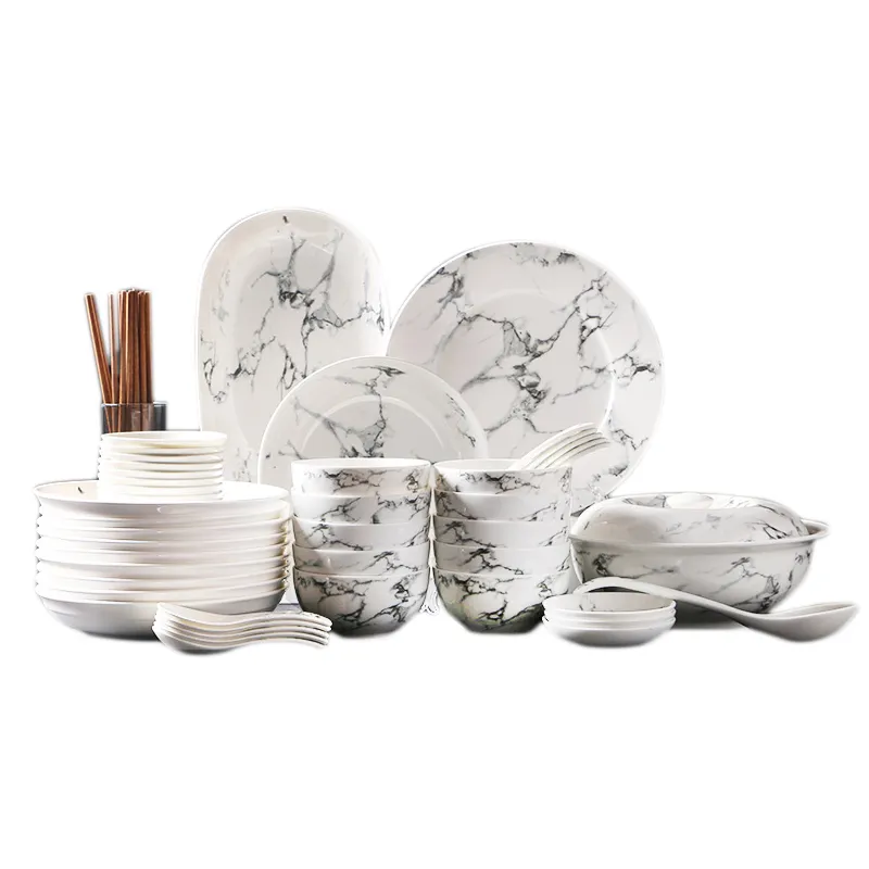 Nordic ceramic dinnerware set for 6 persons marble dinner plates and dishes porcelain bowl soup spoon