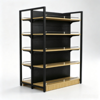 Estanterías de góndola de acero y madera con barandilla frontal anticaída, estanterías modulares para exhibición en tiendas de comestibles