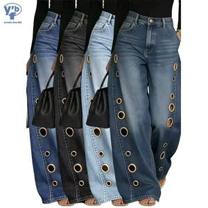 <span class=keywords><strong>Jean</strong></span> baggy pour <span class=keywords><strong>femme</strong></span> YUANBOFEI, coupe vintage, taille haute, en denim <span class=keywords><strong>bleu</strong></span>, décontracté, jambe large avec découpes latérales à œillets - Product Image 1