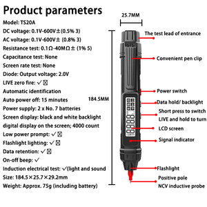 HYTAIS TS20A profesyonel dijital multimetre 4000 sayımları yüksek hassasiyetli kalem tipi <span class=keywords><strong>Tester</strong></span> AC/DC gerilim Ohm çok fonksiyonlu yüksek - Product Image 2