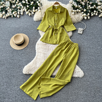 Ensemble décontracté 2 pièces pour femme printemps-été : chemise à col et poche poitrine avec cordon de serrage, manches 3/4, et pantalon large à taille élastique