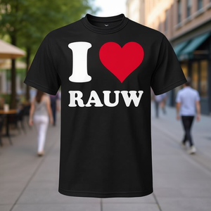 T-shirt I Love Rauw con design a cuore rosso, maglietta promozionale unisex nera - Product Image 3