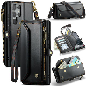 Étui de téléphone en cuir magnétique multifonction pour <span class=keywords><strong>Samsung</strong></span> S24FE/S26/A15 avec fermeture éclair, <span class=keywords><strong>cordon</strong></span> et design à rabat - Fait main - Product Image 1