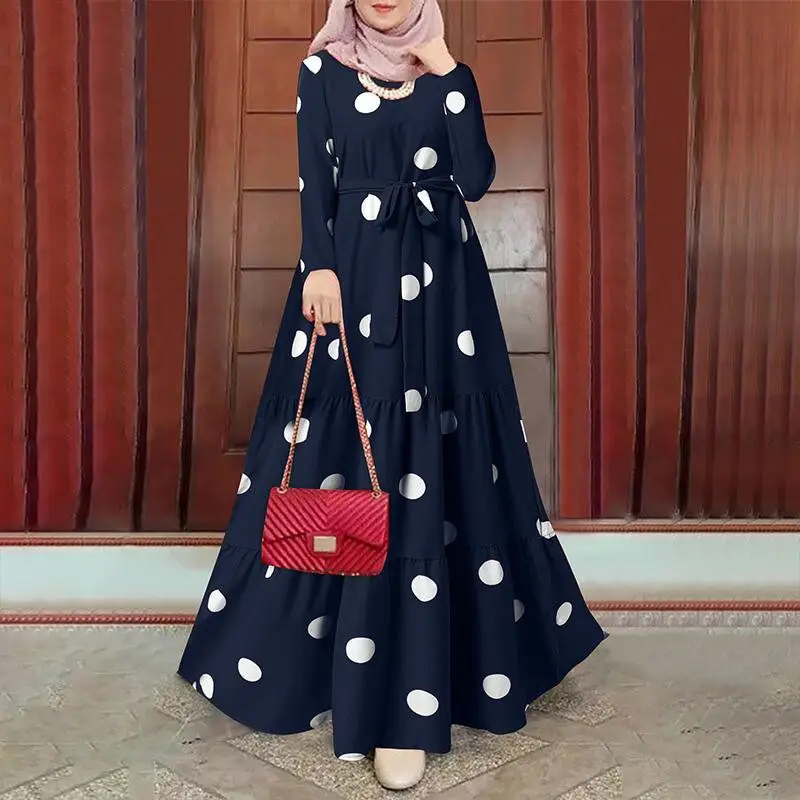 Robe musulmane Vintage pour femmes Dubai Turquie Hijab Abaya Robe d'été Femme Polka Dot Imprimé Islamique Maxi Robes