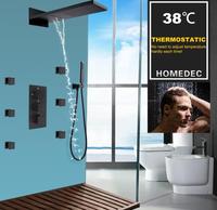 Système de douche à effet pluie et à massage double fonction Robinet thermostatique avec corps noir et pommeau de douche à effet pluie Ensemble complet