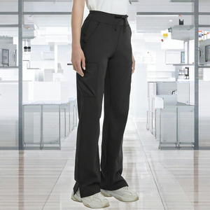 Pantalon de travail noir personnalisé pour femme avec cordon de serrage, devant plat, taille élastique, poches cargo latérales et ourlet fendu – Vente en gros - Product Image 2