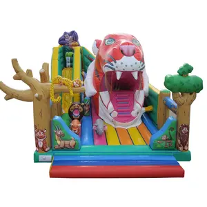 Hoge Kwaliteit Pvc Jungle Dieren Funland Met Bewegende Tijger Mond En Jump Klim Glijbanen Obstakels Voor Kinderen