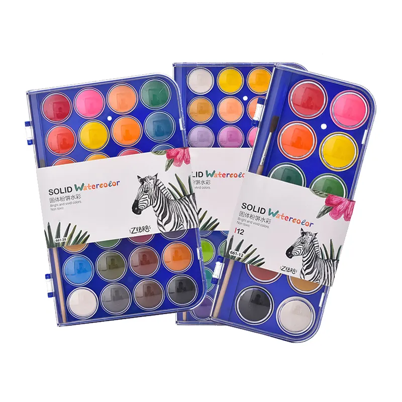 Vendita calda della fabbrica 12/16/18/24/36 colori a tinta unita di colore di acqua Pressed powder pittura ad acquerello con trasparente contenitore di PVC