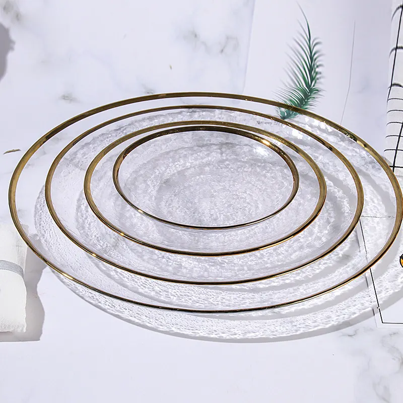 High Quality Gold Rim Big Glass Under Plate Dinnerware for Food Fruit Glass Charger Plate Dishwasher