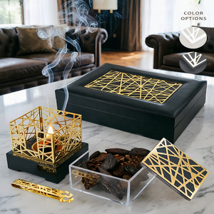 Set Bruciatore di Incenso in Legno e Pelle Certificato SABER, Cofanetto Tradizionale per Bakhoor per Arredamento di Majlis e Hotel - Product Image 4