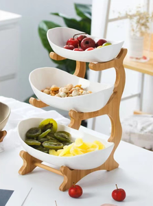 Bát Đựng Trái Cây Bằng Gốm Với Giá Đỡ Bằng Gỗ Tre Cho Nhà Bếp Quầy Đĩa Tráng Miệng Với Giá Đỡ Tre Hộp Đựng Thực Phẩm - Product Image 3