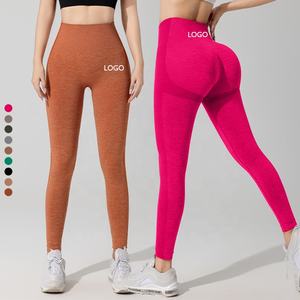 Pantalon d'entraînement en nylon sans couture à taille haute avec logo personnalisé Leggings de gymnastique et de <span class=keywords><strong>yoga</strong></span> solides pour femmes avec des vêtements de fitness souples pour femmes - Product Image 1