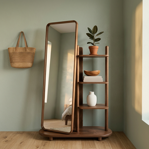 Miroir sur pied moderne en bois avec étagère, miroir de vanité pleine longueur, décoration décorative pour chambre et salle de bain - Product Image 2