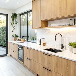 Fabricante de Muebles de Cocina Suministra Puertas de Gabinete Completas de MDF con Manijas, Acabado en Melamina, Listas para Armar - Product Image 5