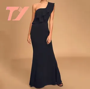 TUOYI Vestido fashion com bainha de sereia e babados pretos, vestidos maxi de sereia de um ombro