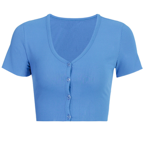 2020 nuevo Color sólido Botón de manga corta de mujer Ribbed Crop Top 2020 mujeres camiseta - Product Image 5