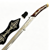Épée Courbe Populaire de 70 cm, 1 kg, Style Elven, Gravée Feuille d'Or, avec Plaque Murale en Bois pour Collection Cosplay et Fourreau