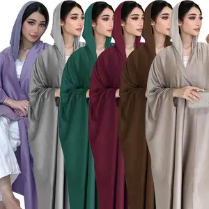 Muslim Dubai Modest Outer Coat Front Open Cardigan Fashion Soft Plain Satin Fabric Bat Sleeve Robe Islamic Women Clothing Abaya