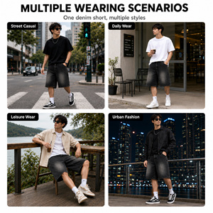 Street Style <strong>Black</strong> Knitted Mid <strong>Waist</strong> Gradient Washed Men Summer Loose Straight Leg <strong>Denim</strong> <strong>Shorts</strong> for Youth Casual Campus Wear - Product Image 3