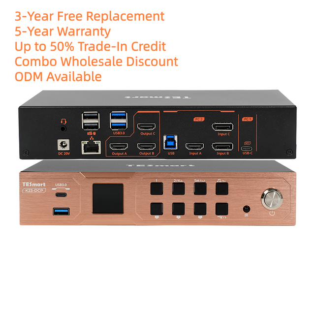 2x3 KVM Switcher ODM HDMI + DP + USB C MST 4K 60Hz Support USB3.0 3 Triple Monitors 2 Computer for Financial Trading Desk