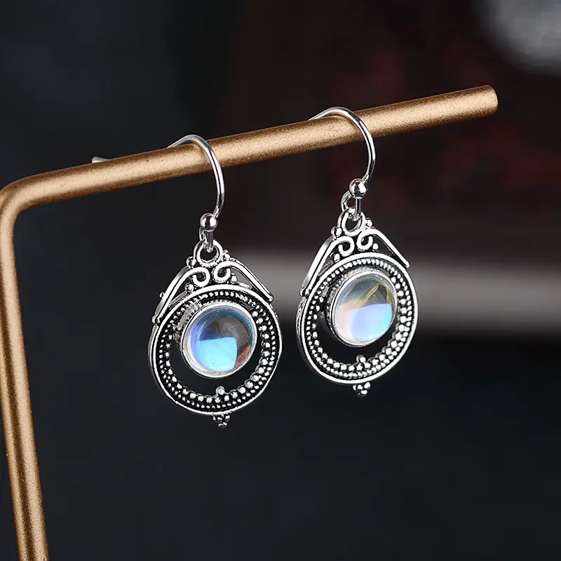 Retro Silver Plated Ear Clip Vintage Mumbai Moonstone Earrings Handmade Dangle Earrings Jewelry
