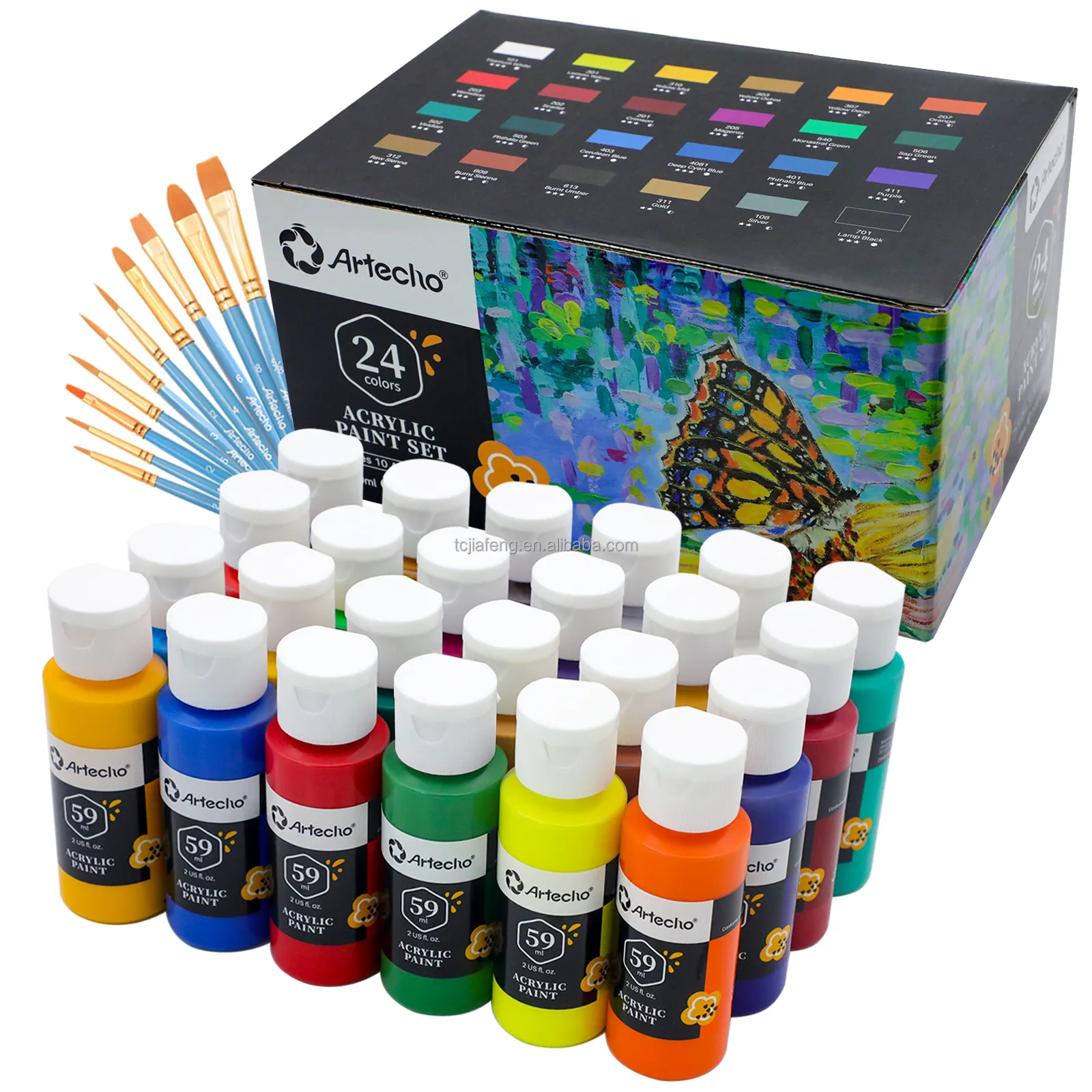आर्टेहो उच्च गुणवत्ता वाले 24 रंग ऐक्रेलिक पेंट सेट 2 औंस/59 मिलीलीटर बोतल कला पेंटिंग के लिए 10 पीसी पेंट ब्रश के साथ
